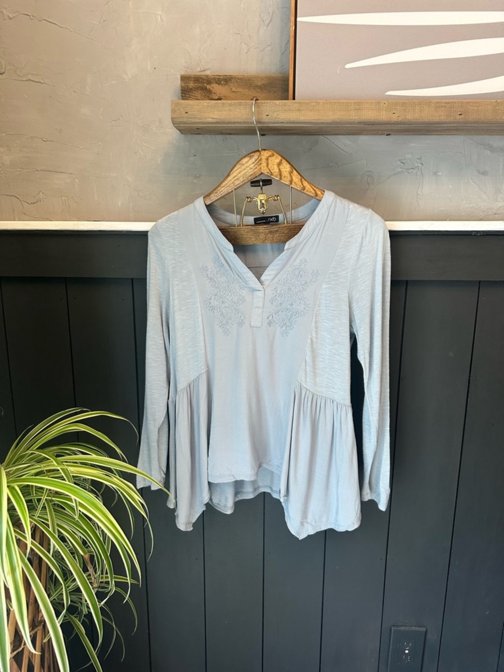 RXB Light Blue Embroidered Boho Peplum Flowy Long Sleeve Top Size Medium M